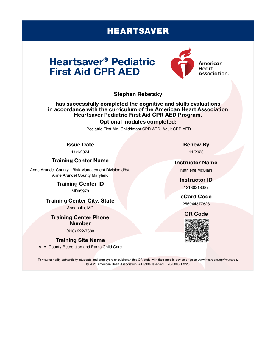 American Heart Association Heartsaver Pediatric First Aid CPR AED certification card