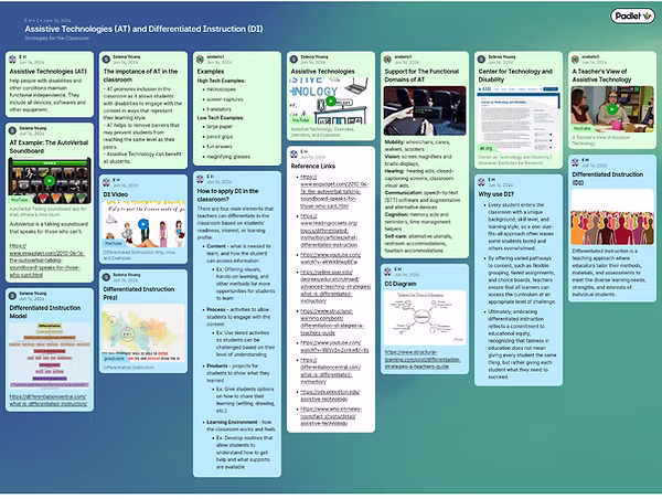Digital poster created in Padlet about Assistive Technologies and Differentiated Instruction